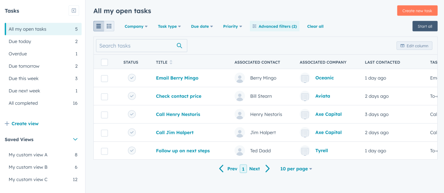 open tasks folder in Hubspot